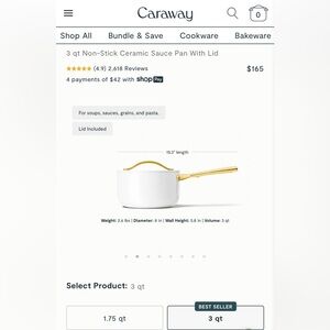 Caraway 3 Qt Saucepan White & Gold Nonstick Ceramic Pot w/ Lid